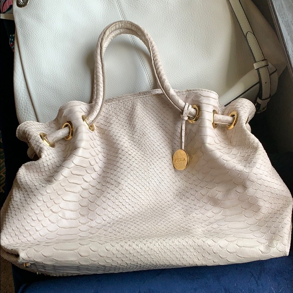 Furla leather satchel, light tan/cream.